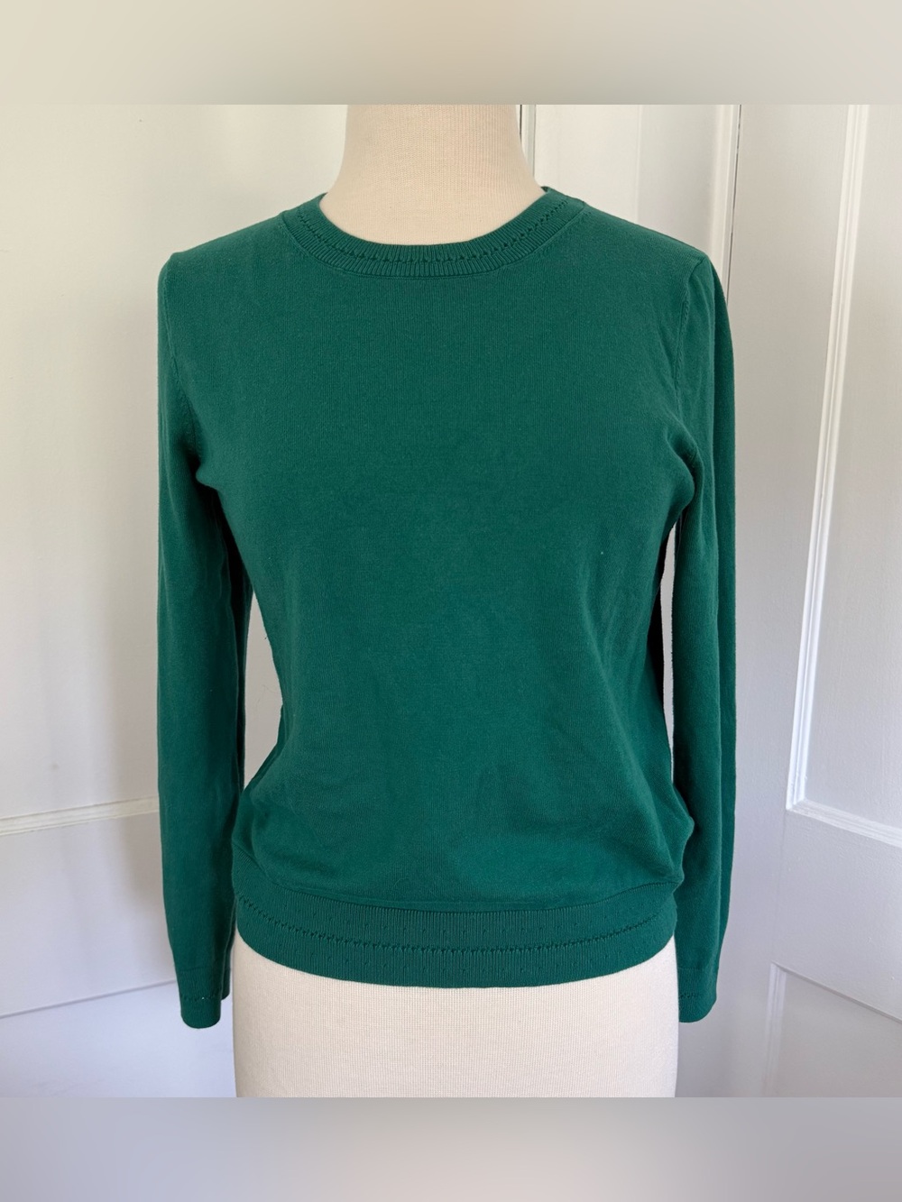 Boden Crewneck Sweater Green Pointelle Neck Size Small Cotton Blend
